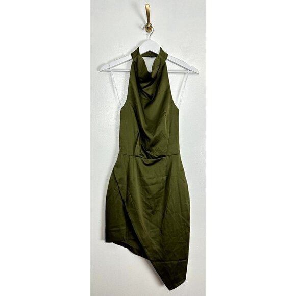 ELLIATT Camo Asymmetric Satin Cocktail Dress in Khaki Size X-Small - Picture 5 of 16